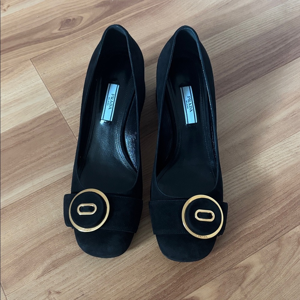 Prada Black Heels with Gold Accent